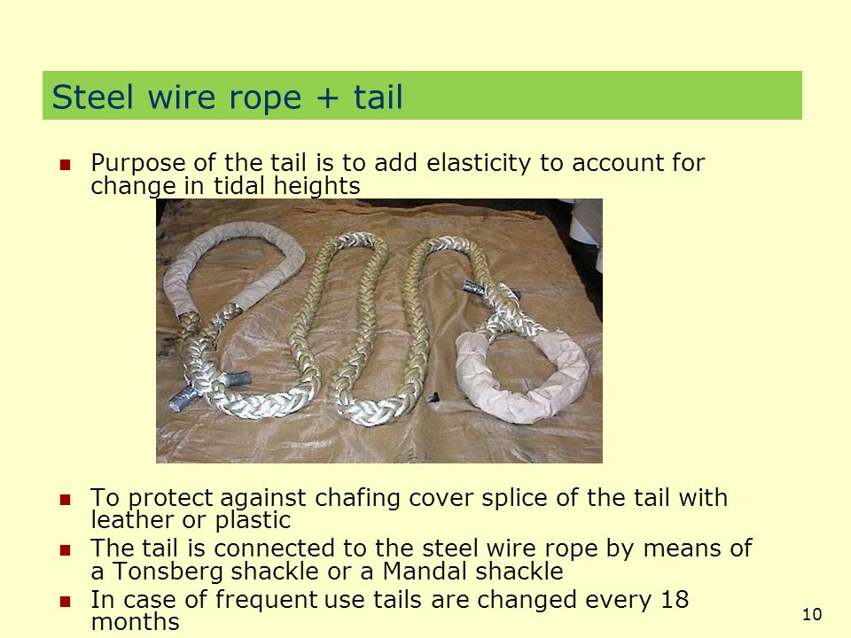 Steel wire rope + tail Purpose of the tail is to add elasticity to account for change in tidal heights.