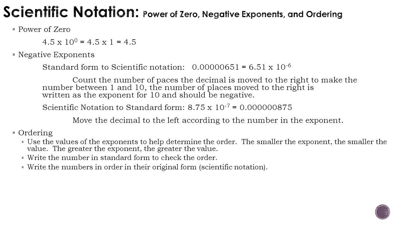 Scientific Notation: Power of Zero, Negative Exponents, and Ordering