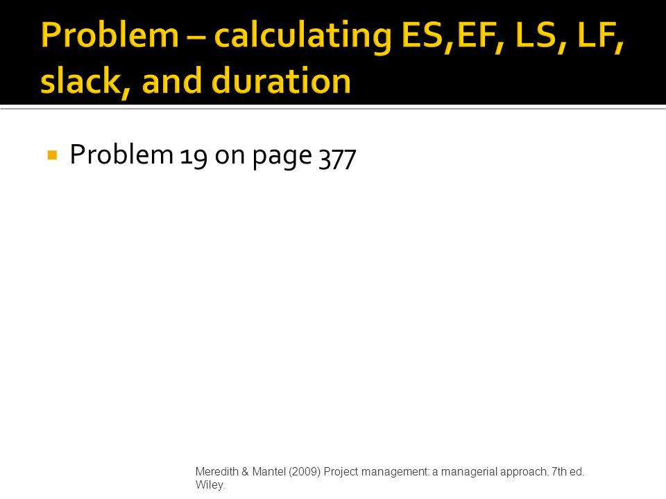 Problem – calculating ES,EF, LS, LF, slack, and duration