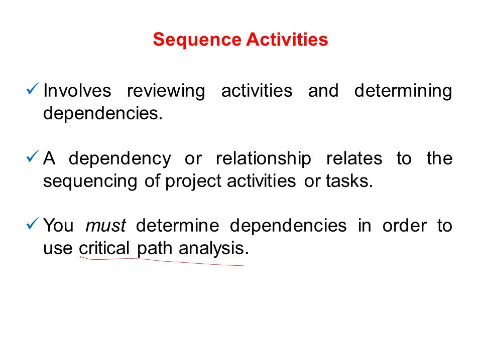 Sequence Activities Involves reviewing activities and determining dependencies.
