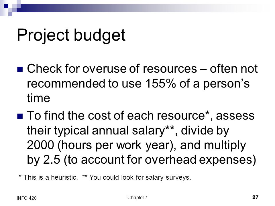 Project budget Check for overuse of resources – often not recommended to use 155% of a person’s time.