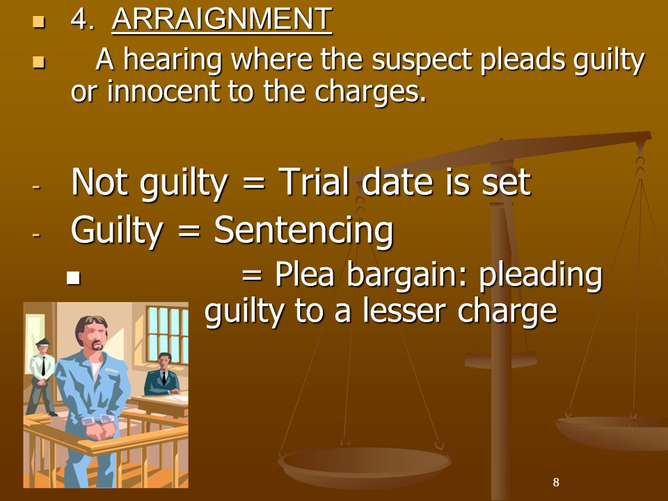 Not guilty = Trial date is set Guilty = Sentencing
