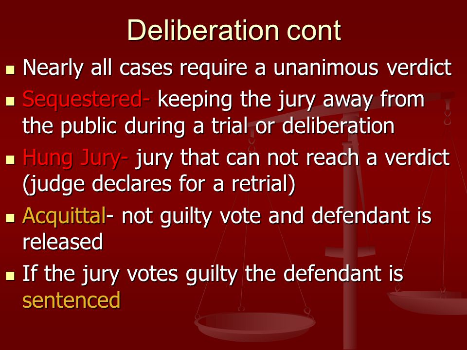 Deliberation cont Nearly all cases require a unanimous verdict