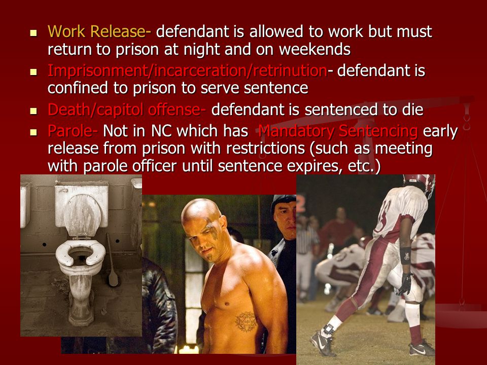 Work Release- defendant is allowed to work but must return to prison at night and on weekends