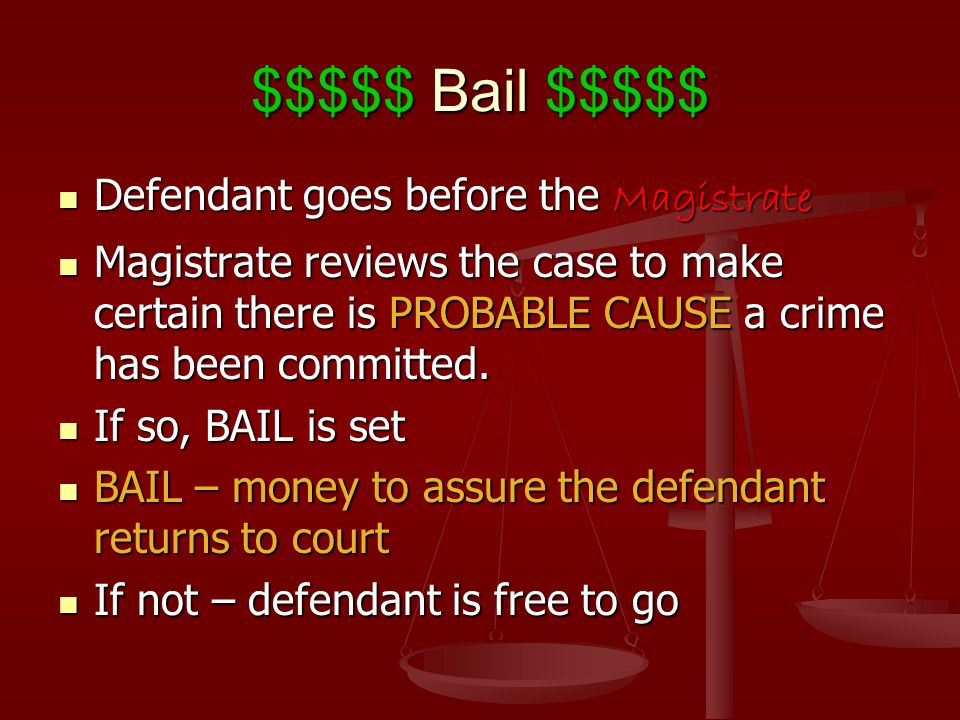 $$$$$ Bail $$$$$ Defendant goes before the Magistrate