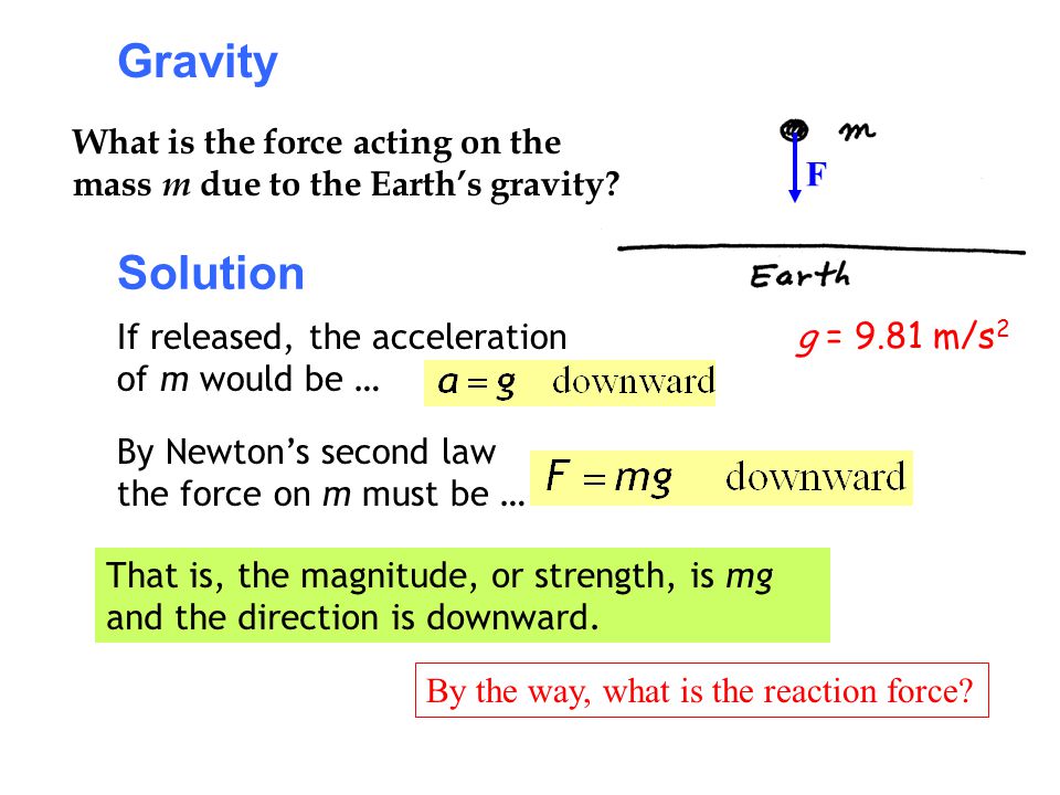 Gravity What is the force acting on the mass m due to the Earth’s gravity F. Solution. If released, the acceleration of m would be …