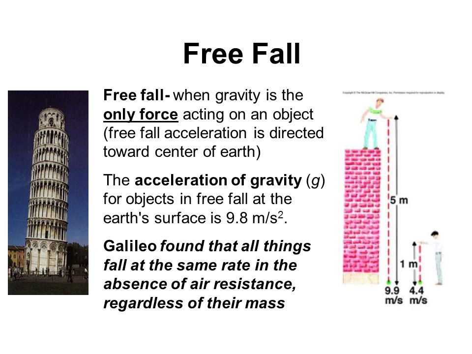Free Fall Free fall- when gravity is the only force acting on an object (free fall acceleration is directed toward center of earth)