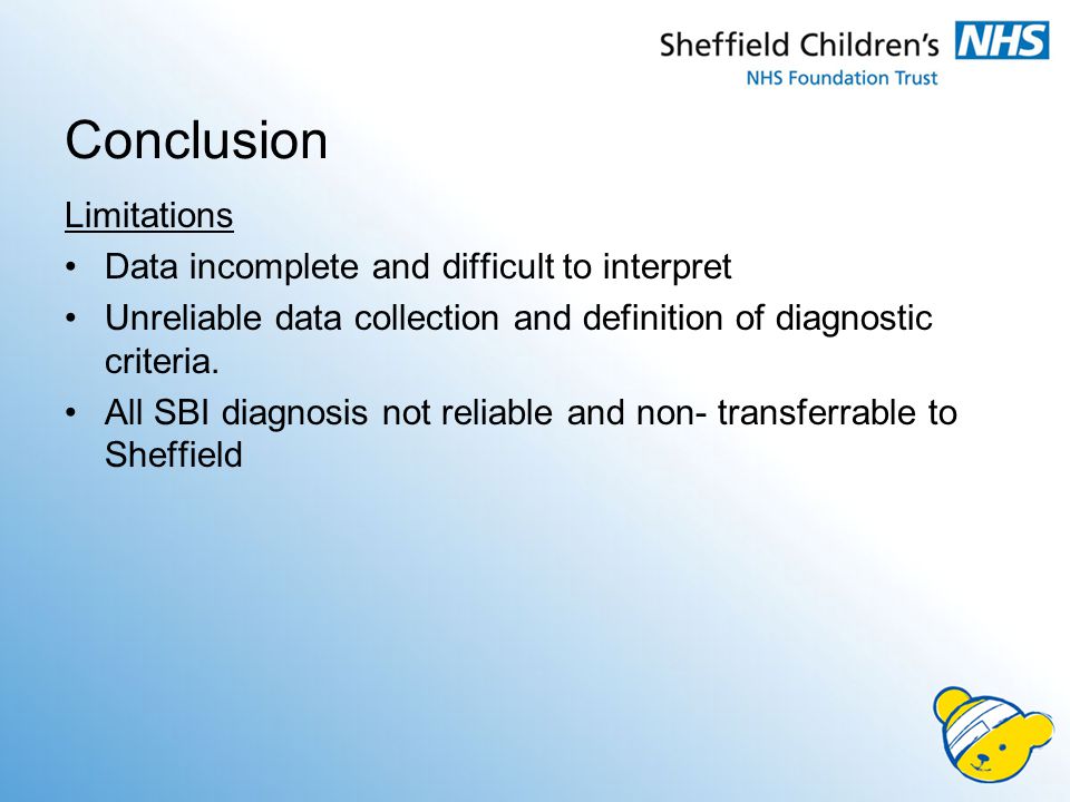 Conclusion Limitations Data incomplete and difficult to interpret