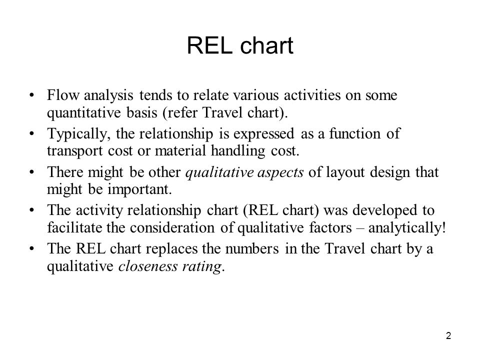 REL chart Flow analysis tends to relate various activities on some quantitative basis (refer Travel chart).