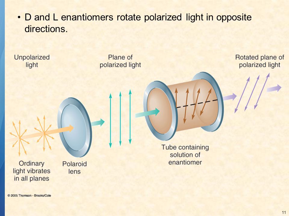 D and L enantiomers rotate polarized light in opposite directions.