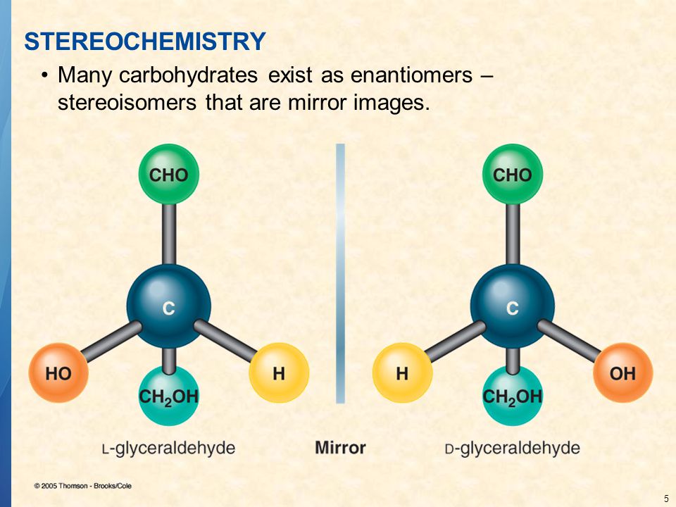 STEREOCHEMISTRY Many carbohydrates exist as enantiomers – stereoisomers that are mirror images.