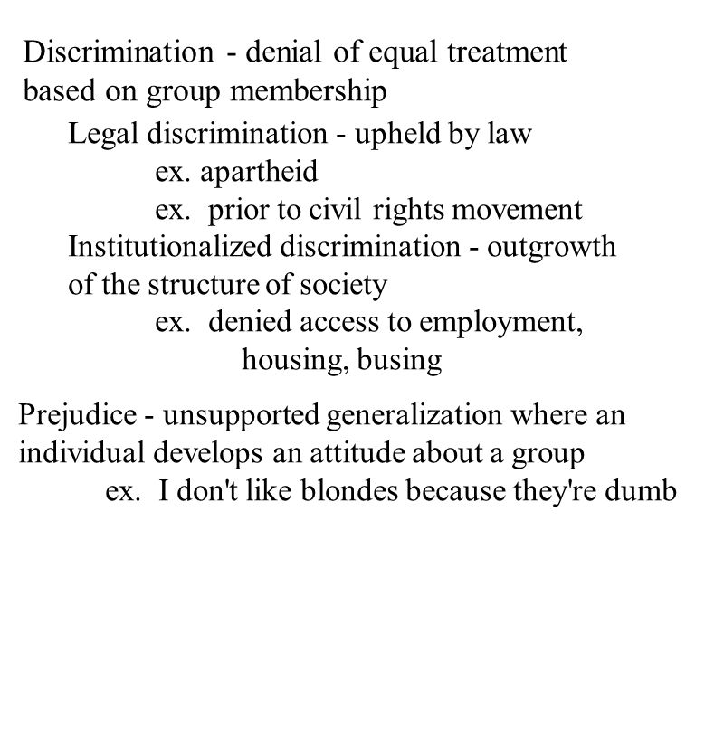 Discrimination - denial of equal treatment based on group membership