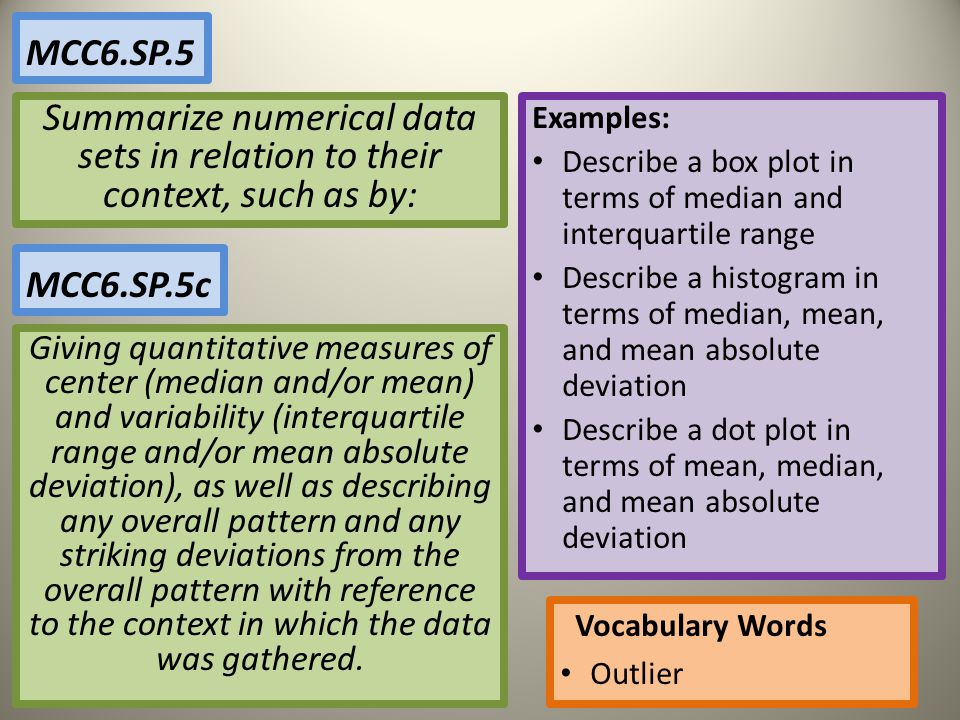 MCC6.SP.5 Summarize numerical data sets in relation to their context, such as by: Examples: