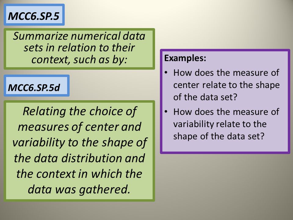 MCC6.SP.5 Summarize numerical data sets in relation to their context, such as by: Examples: