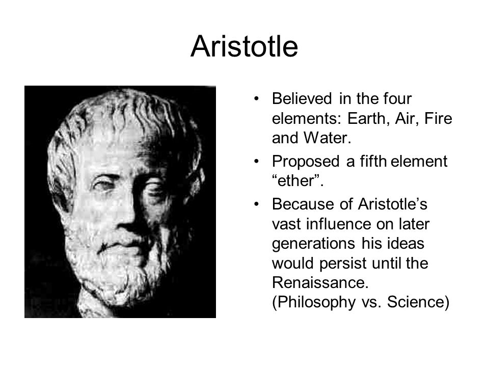 Aristotle Believed in the four elements: Earth, Air, Fire and Water.