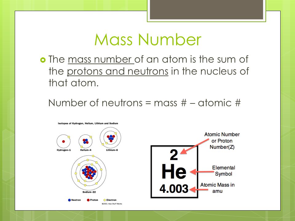 Number of neutrons = mass # – atomic #