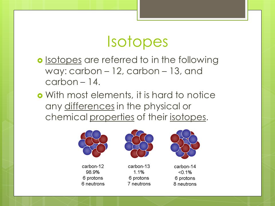 Isotopes Isotopes are referred to in the following way: carbon – 12, carbon – 13, and carbon – 14.