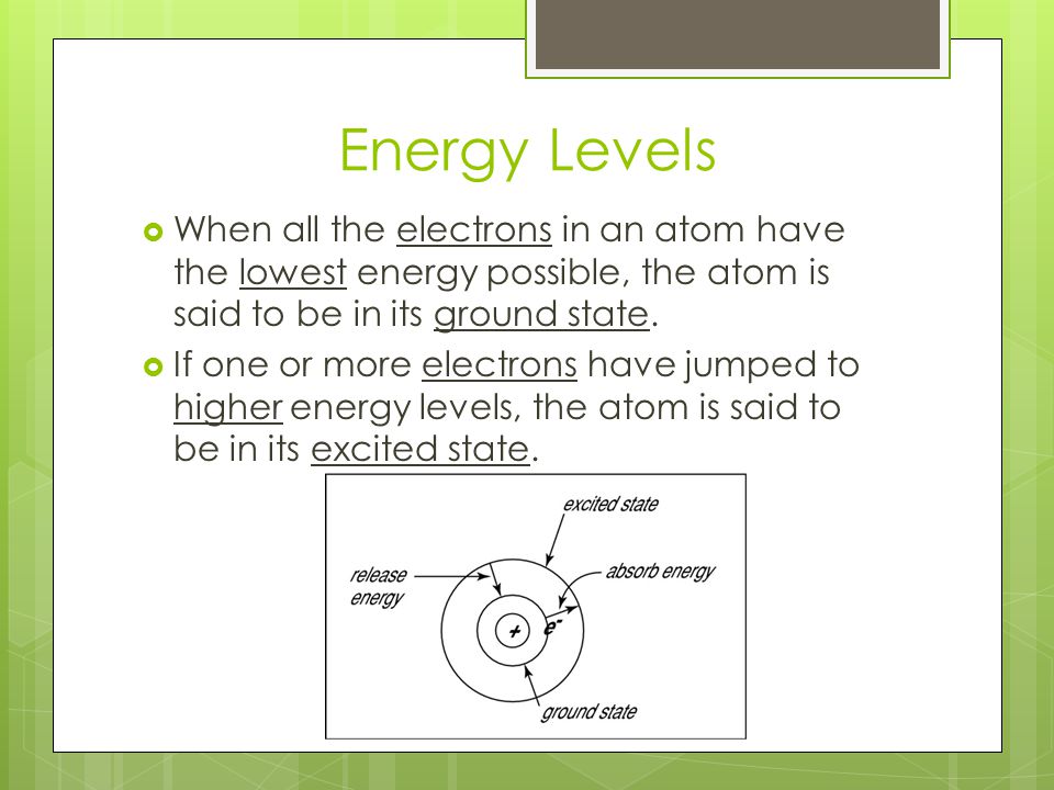 Energy Levels When all the electrons in an atom have the lowest energy possible, the atom is said to be in its ground state.
