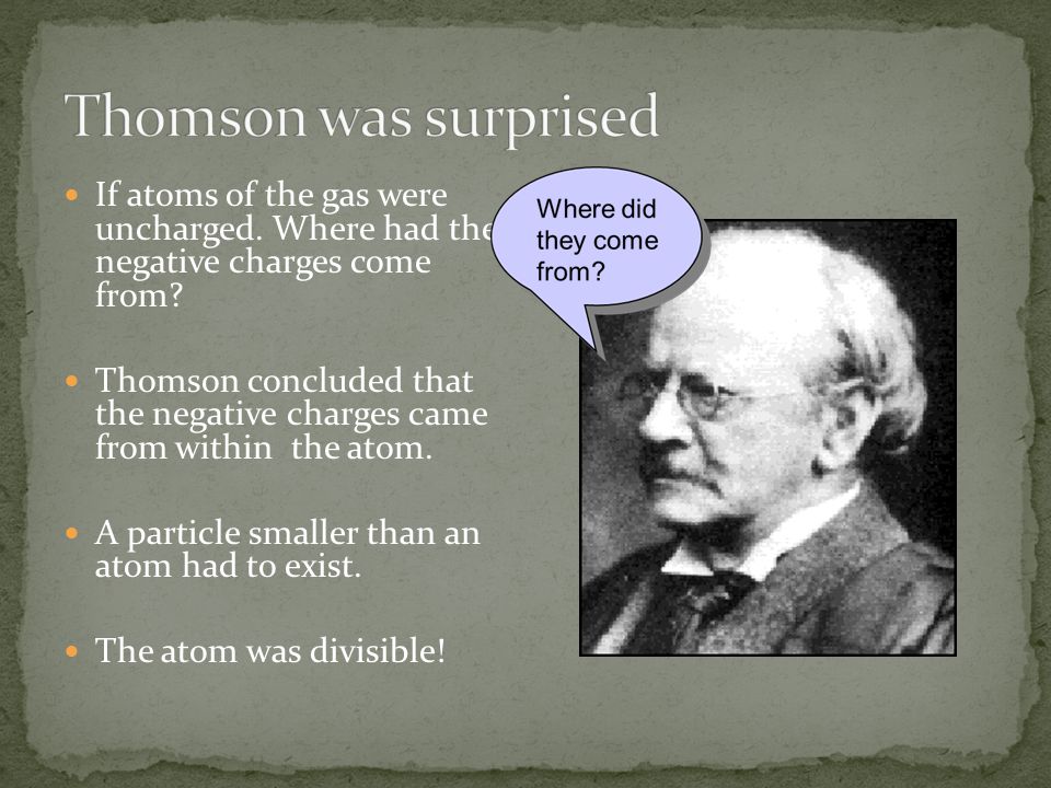 Thomson was surprised If atoms of the gas were uncharged. Where had the negative charges come from
