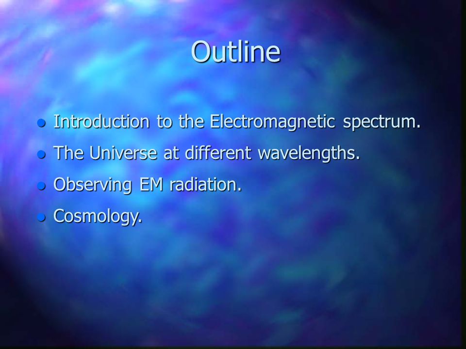 Outline Introduction to the Electromagnetic spectrum.