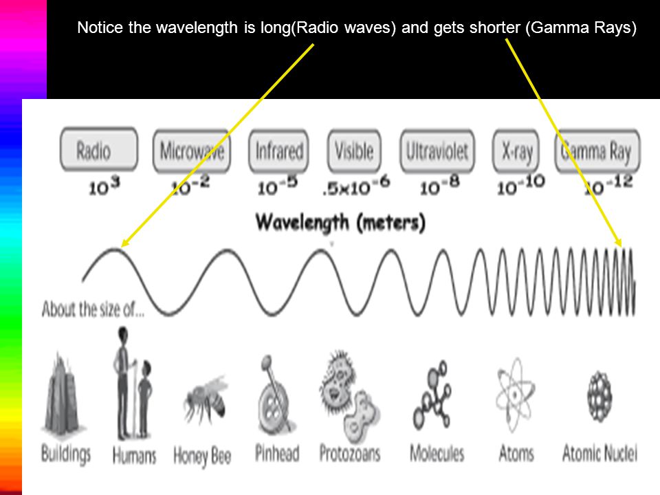 Notice the wavelength is long(Radio waves) and gets shorter (Gamma Rays)