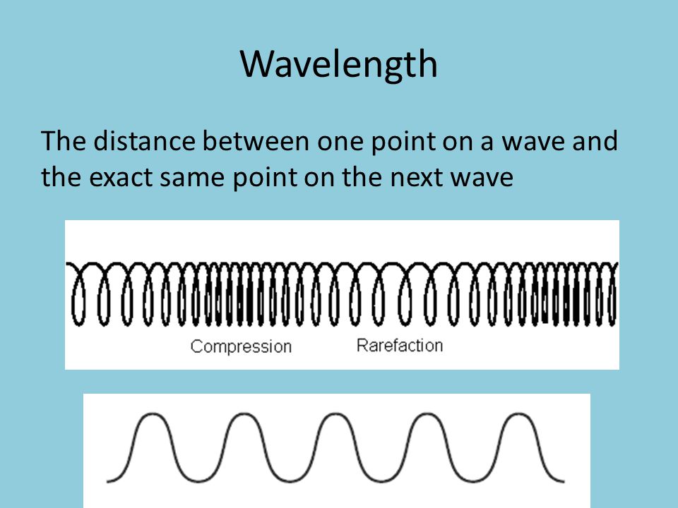 Wavelength The distance between one point on a wave and the exact same point on the next wave