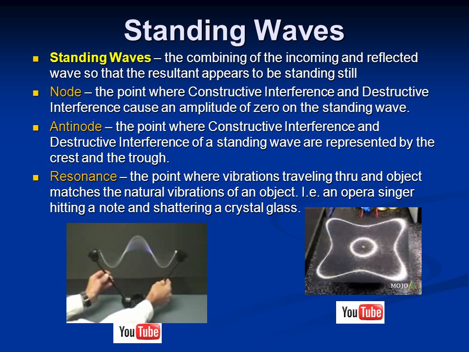 Standing Waves Standing Waves – the combining of the incoming and reflected wave so that the resultant appears to be standing still.