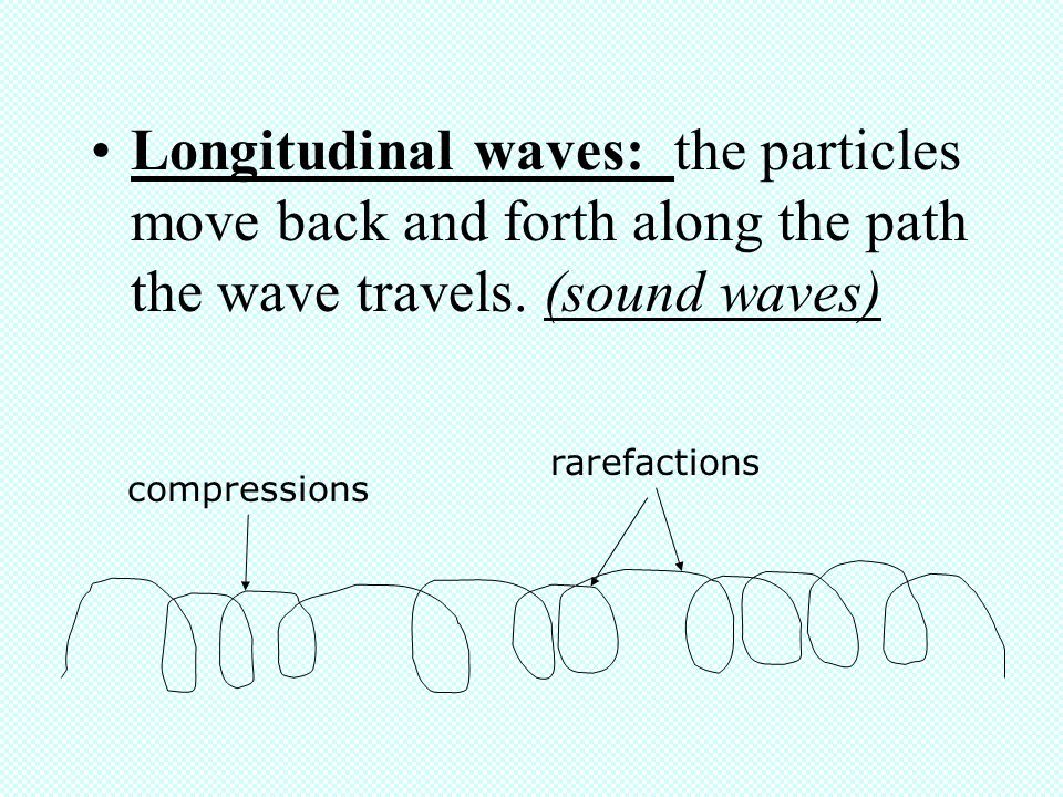 Longitudinal waves: the particles move back and forth along the path the wave travels. (sound waves)