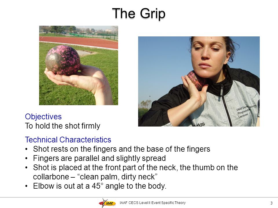 The Grip Objectives To hold the shot firmly Technical Characteristics