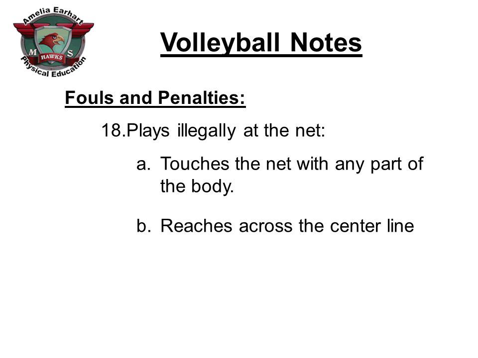 Fouls and Penalties: Plays illegally at the net: Touches the net with any part of the body.