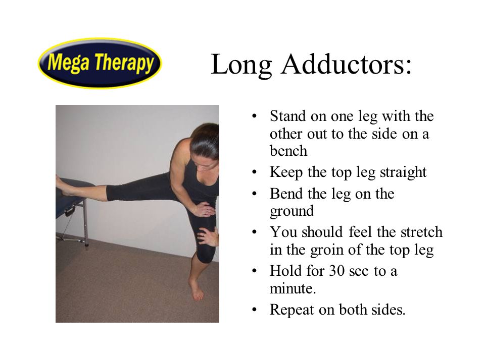 Long Adductors: Stand on one leg with the other out to the side on a bench. Keep the top leg straight.