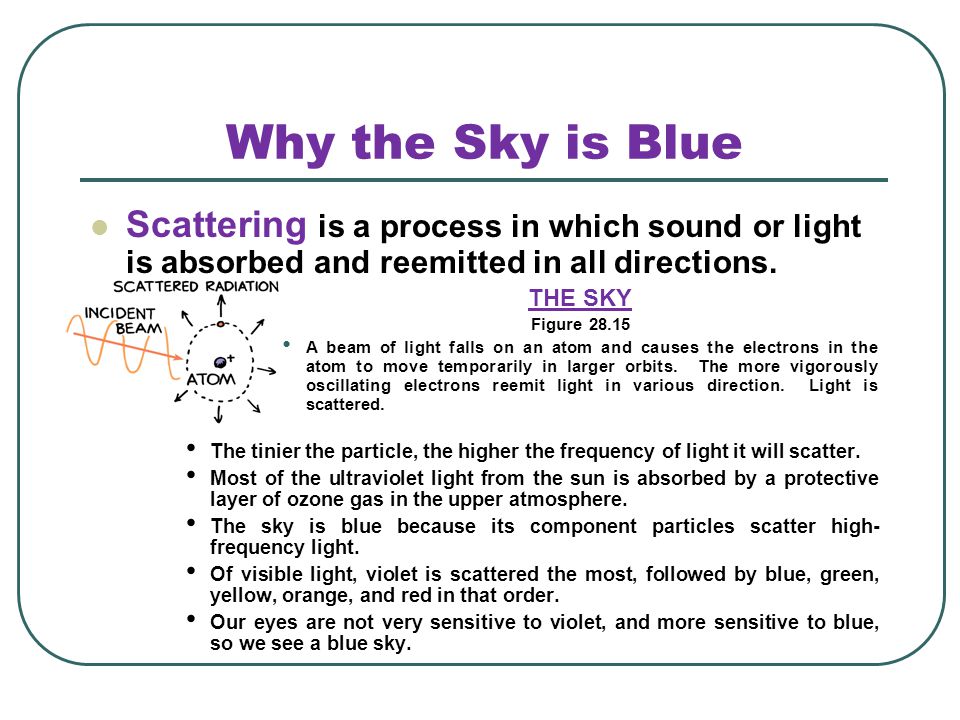Why the Sky is Blue Scattering is a process in which sound or light is absorbed and reemitted in all directions.