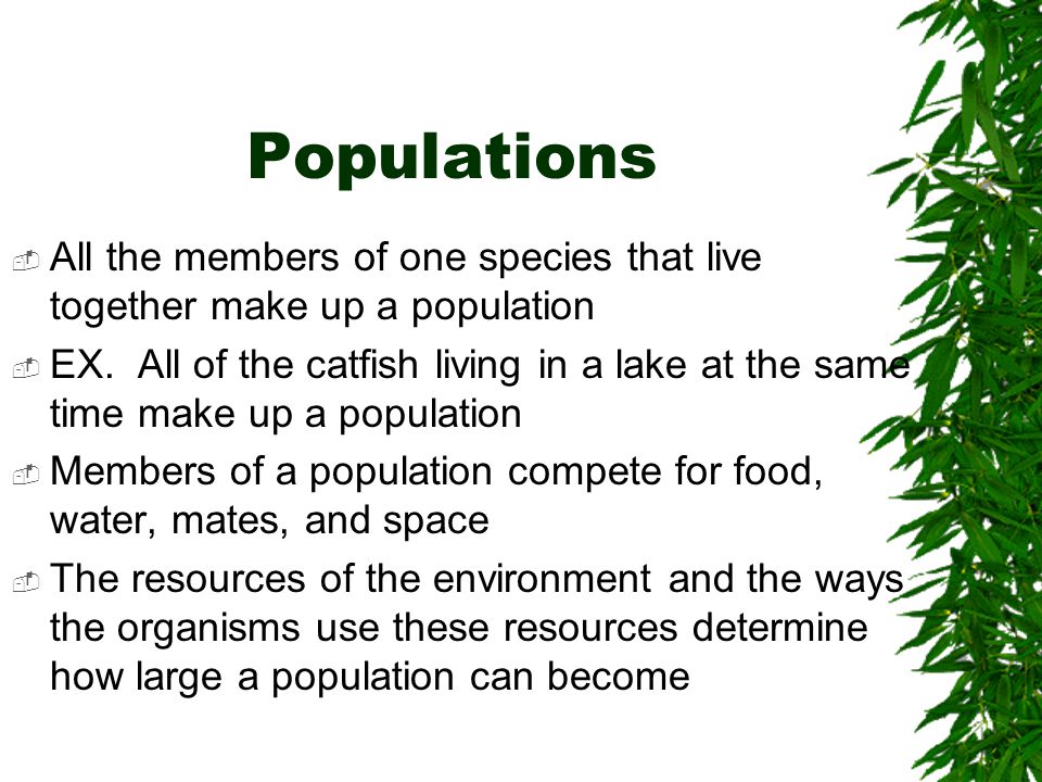 Populations All the members of one species that live together make up a population.