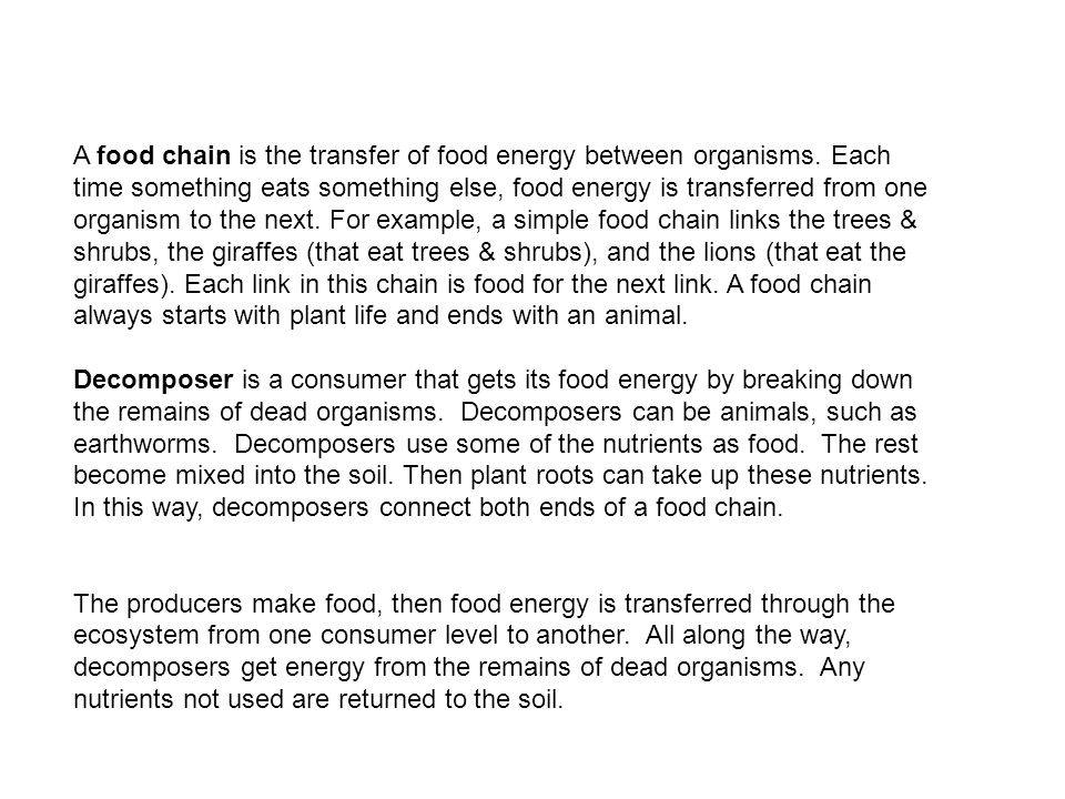 A food chain is the transfer of food energy between organisms