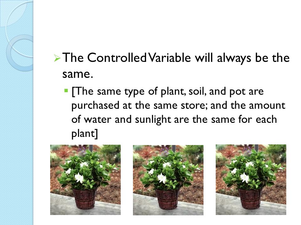 The Controlled Variable will always be the same.