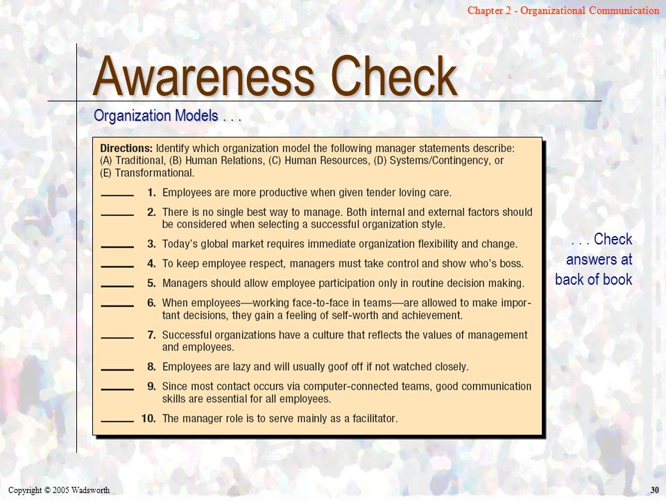 Awareness Check Organization Models . . .