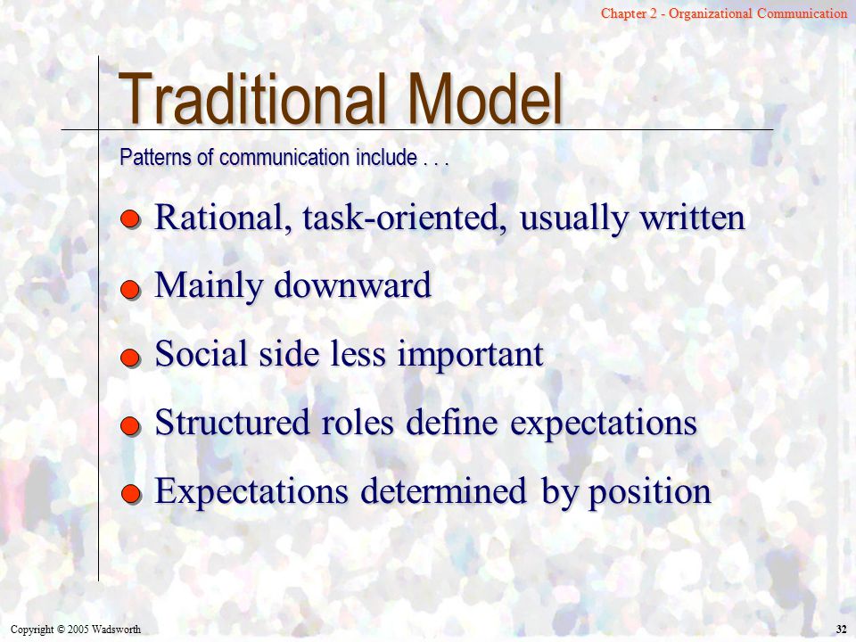 Traditional Model Rational, task-oriented, usually written