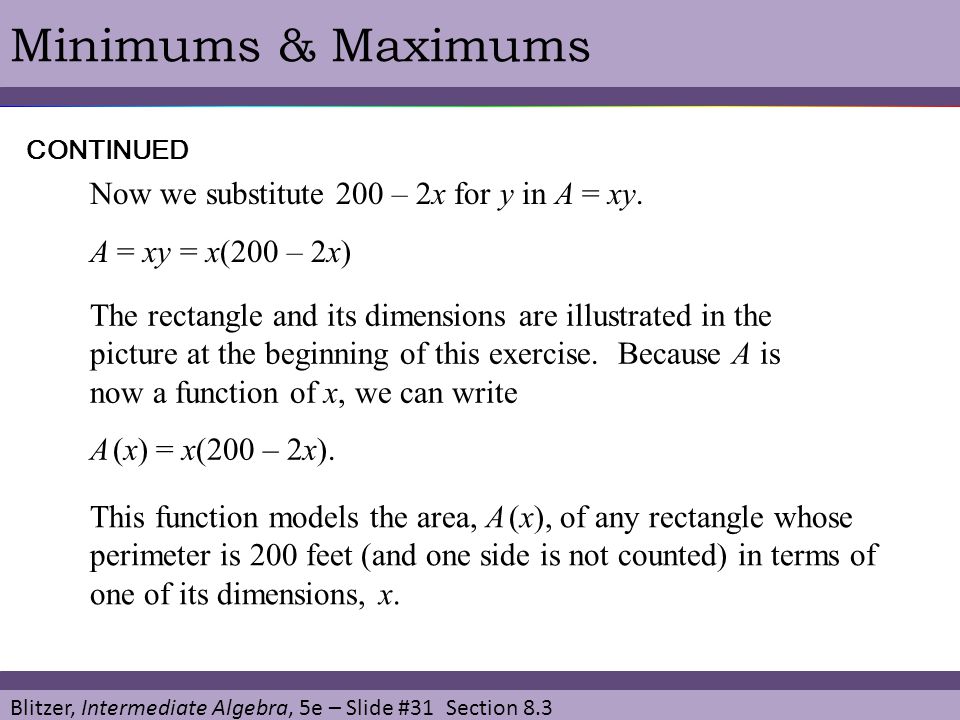 Minimums & Maximums Now we substitute 200 – 2x for y in A = xy.