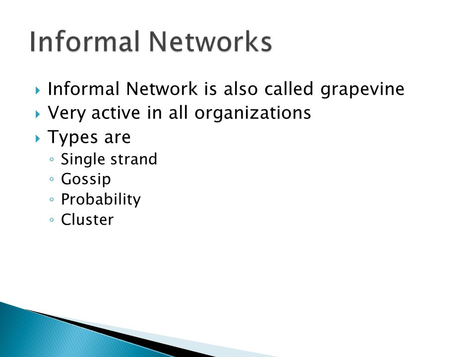 Informal Networks Informal Network is also called grapevine