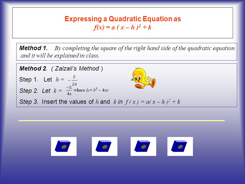Expressing a Quadratic Equation as f(x) = a ( x – h )2 + k
