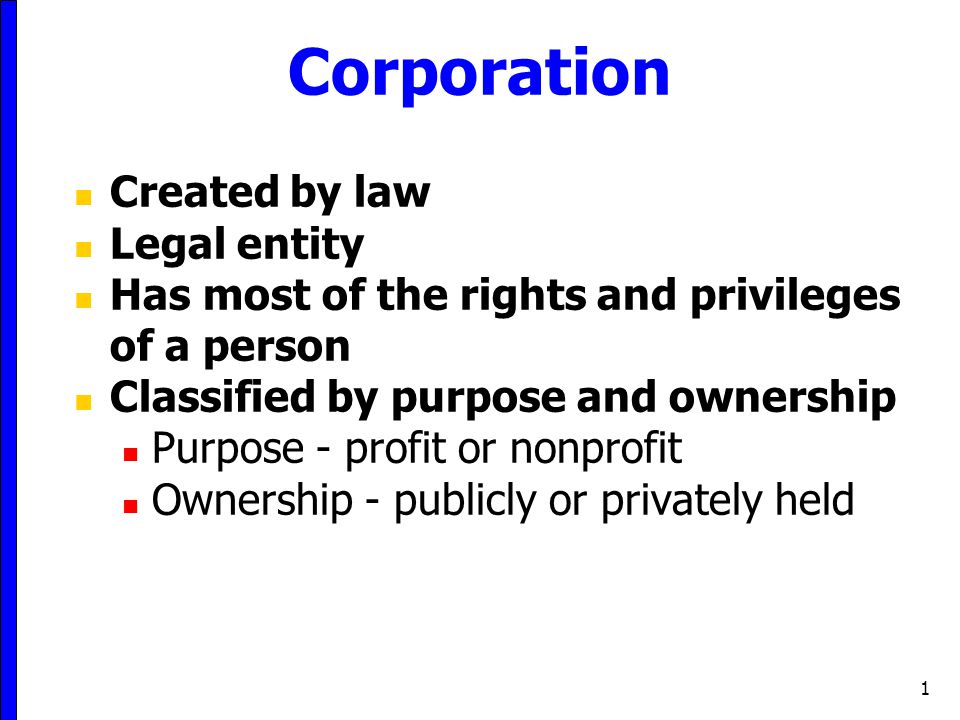 Corporation Created by law Legal entity