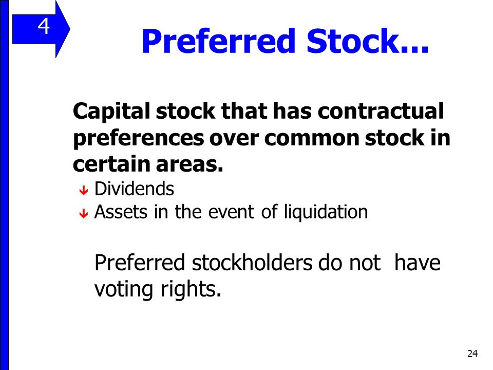 11 4. Preferred Stock... Capital stock that has contractual preferences over common stock in certain areas.
