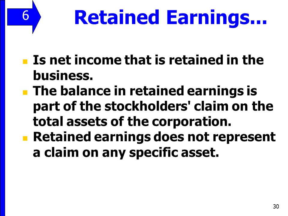 Retained Earnings... 6 Is net income that is retained in the business.