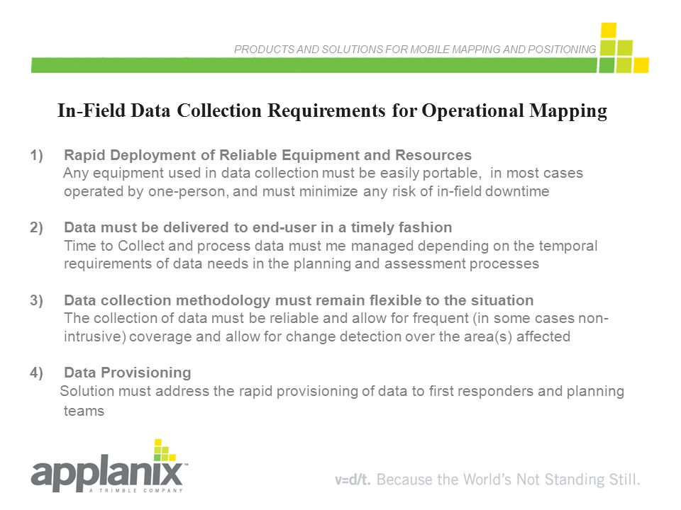 In-Field Data Collection Requirements for Operational Mapping