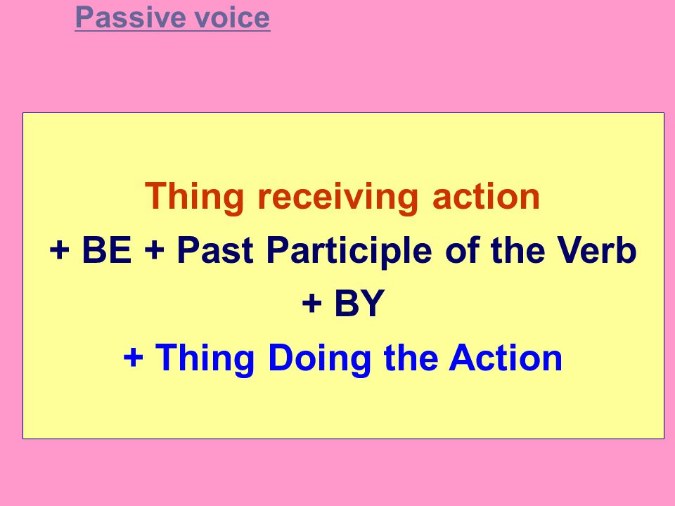 Thing receiving action + BE + Past Participle of the Verb + BY