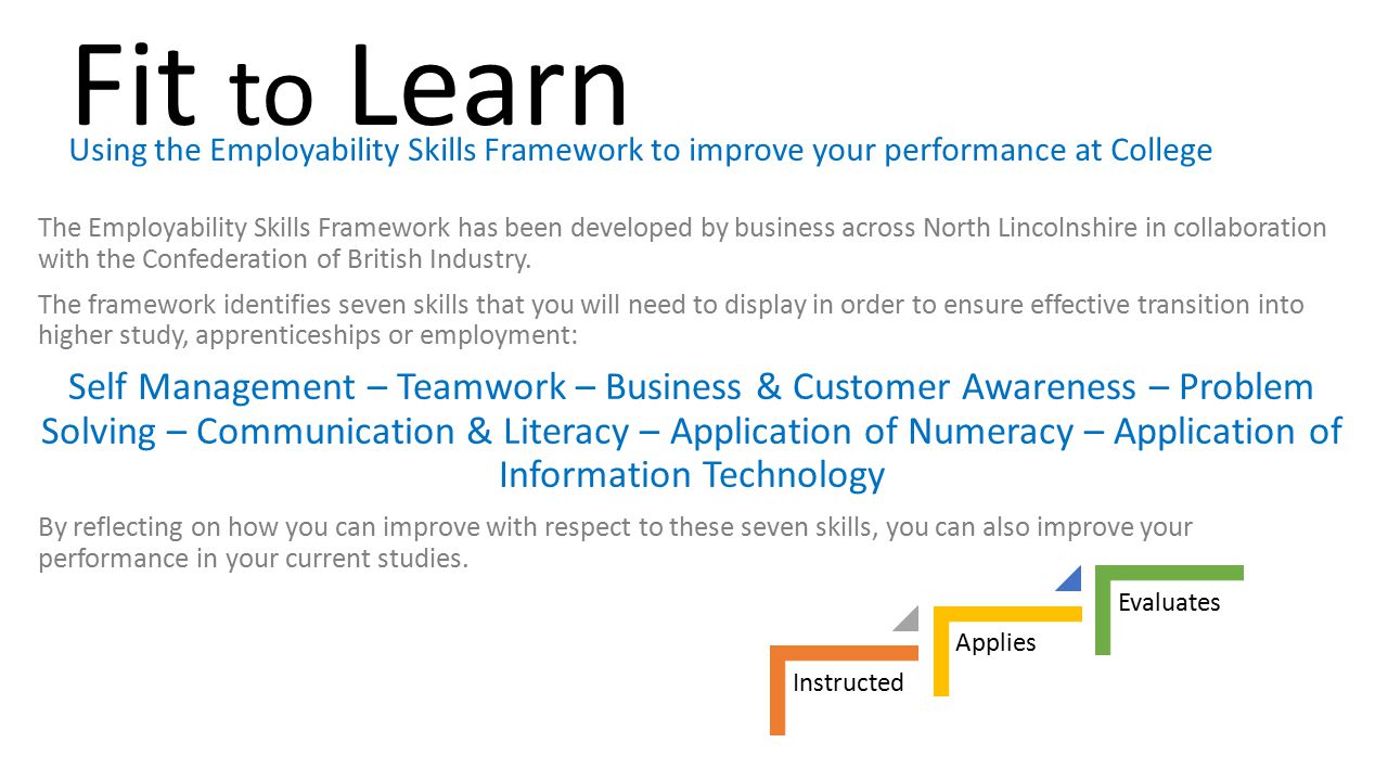 Fit to Learn Using the Employability Skills Framework to improve your performance at College.