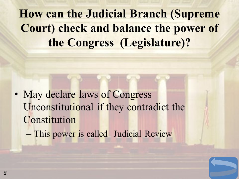 How can the Judicial Branch (Supreme Court) check and balance the power of the Congress (Legislature)