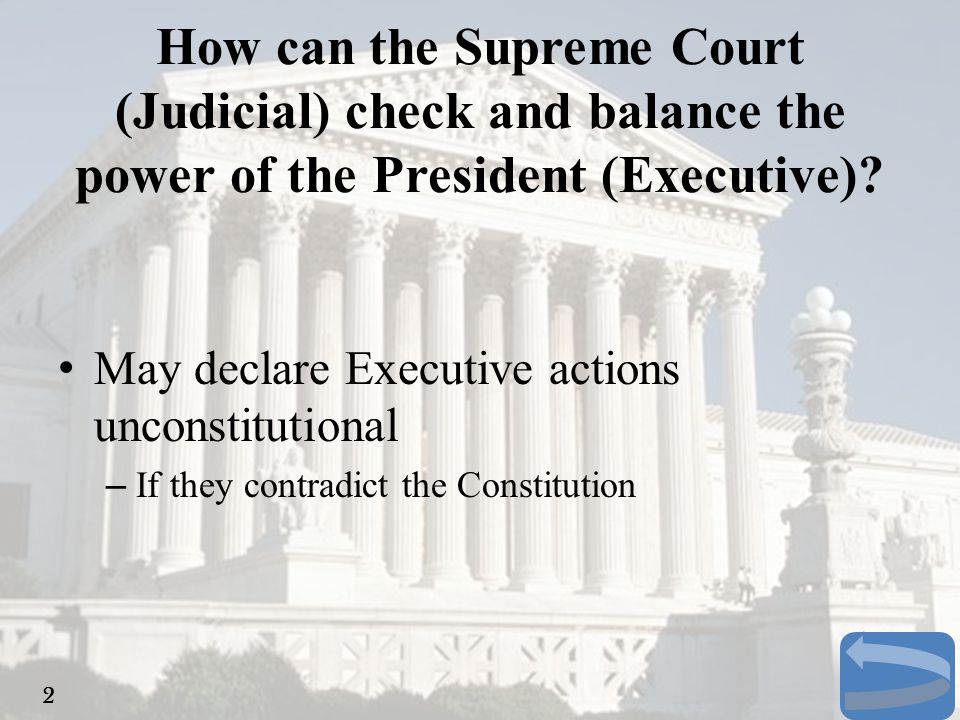 How can the Supreme Court (Judicial) check and balance the power of the President (Executive)