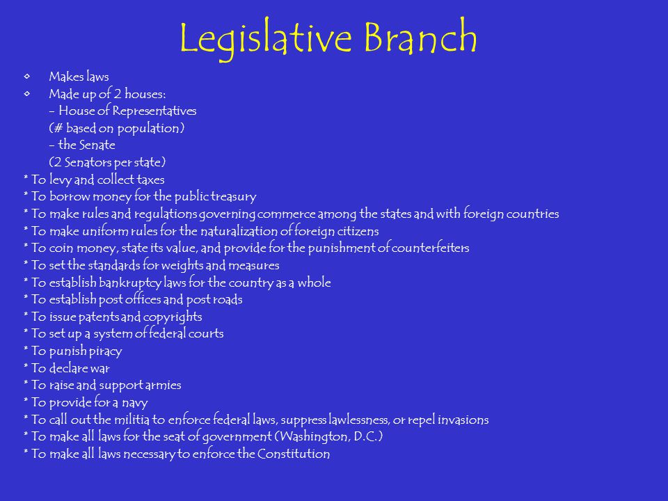 Legislative Branch Makes laws Made up of 2 houses: