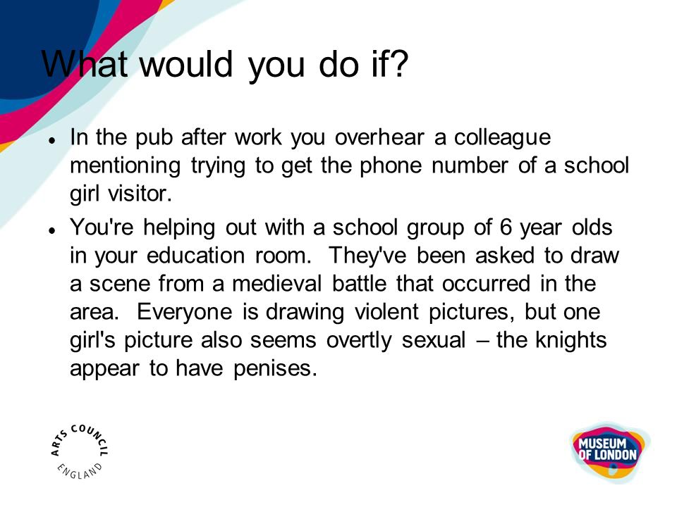 What would you do if In the pub after work you overhear a colleague mentioning trying to get the phone number of a school girl visitor.